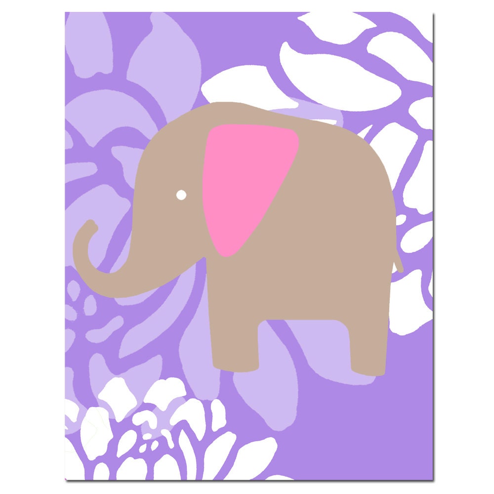 SALE - Modern 11x14 Floral Elephant Print - Light Purple, Pink, Taupe, White - Nursery Art