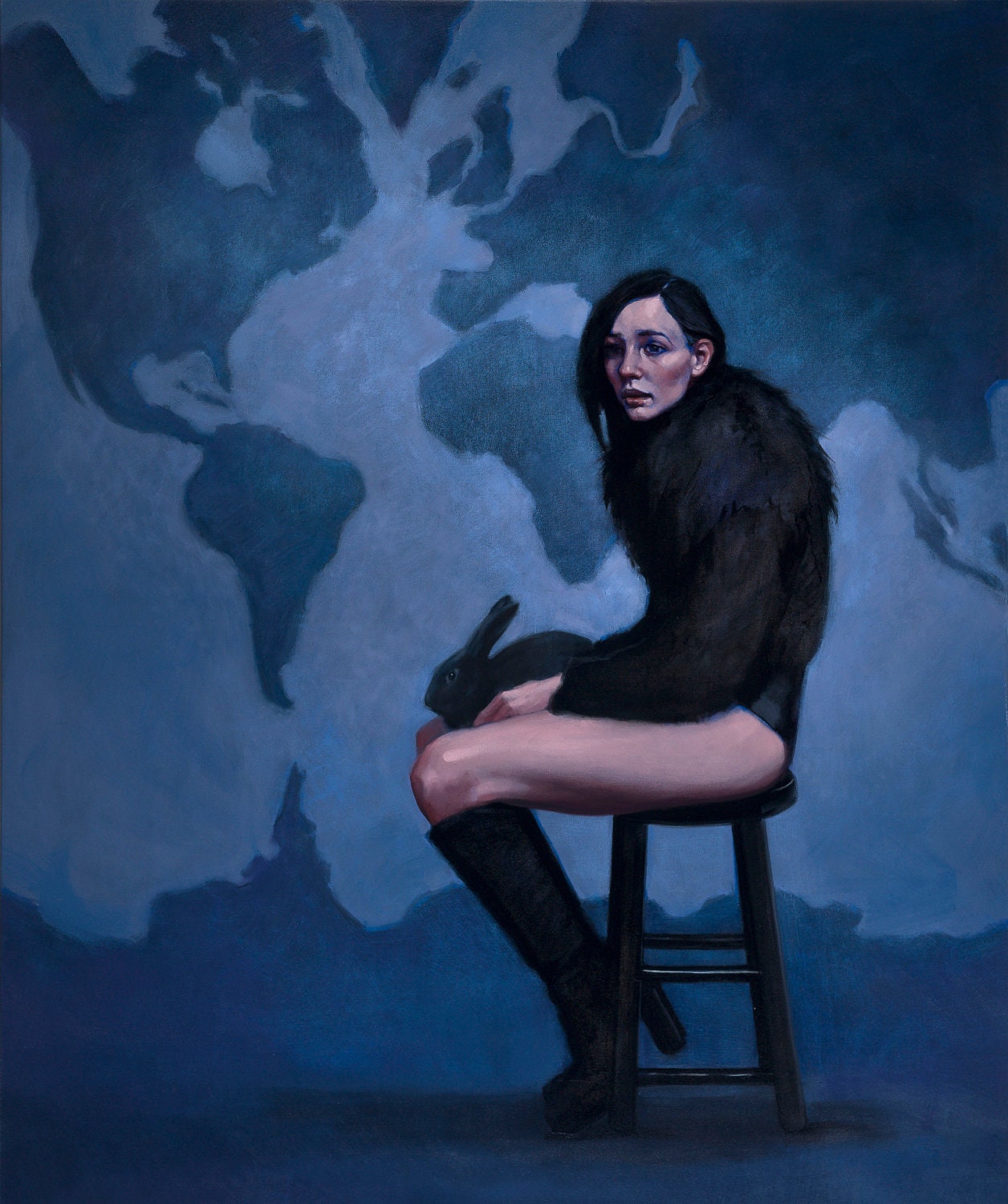 Oil painting woman map rabbit "The Unlived Life"