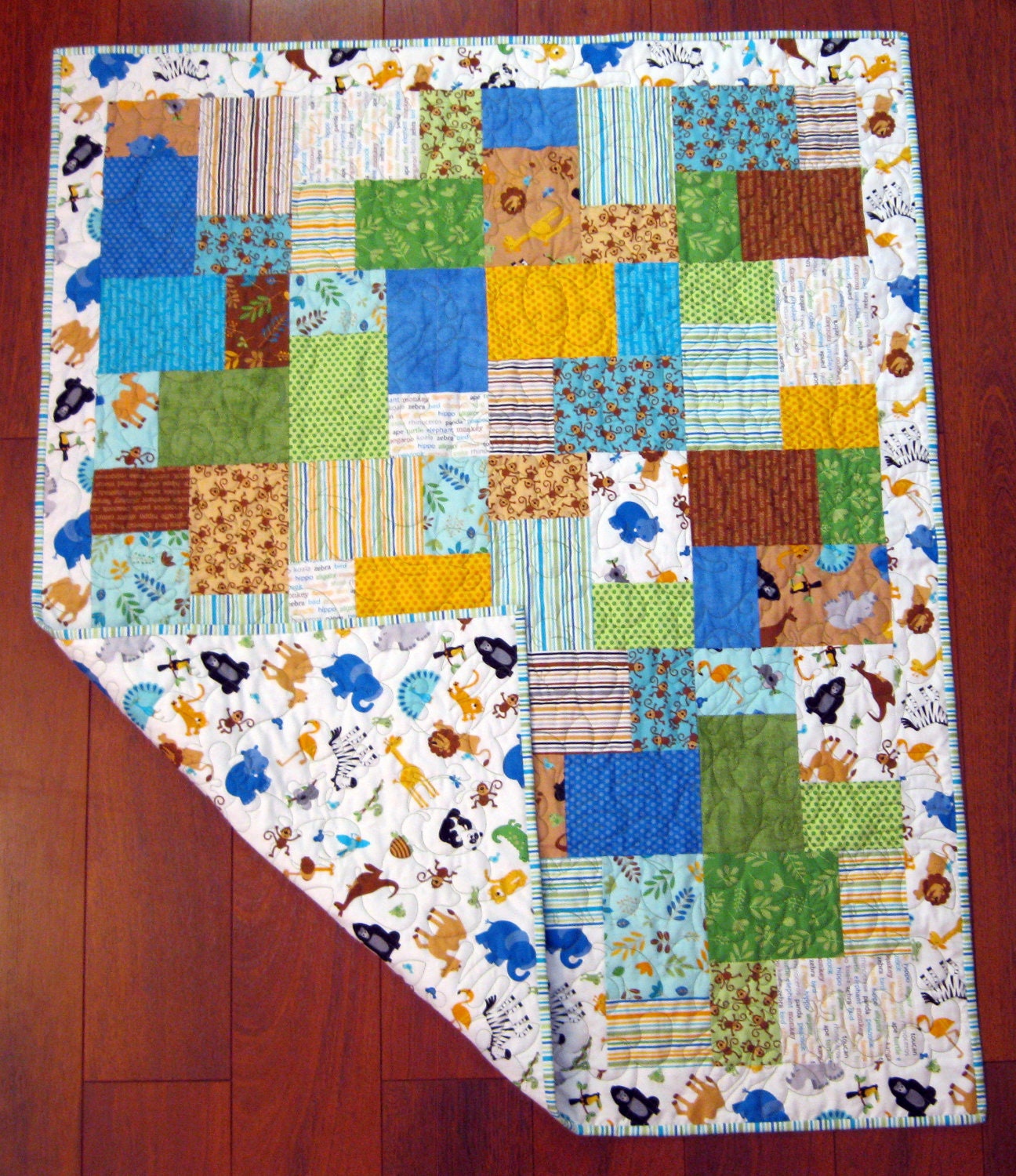 Sale Riley Blake Zoofari Animal Baby or Toddler Boy Quilt--39" x 48"