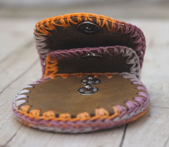 2 Pocket Brown Leather Coin Wallet With Colorful Crochet Details