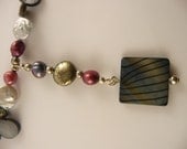 Blue Red and Beige Baroque Pearl, Black, White, Grey stripe Shell, Puffy Pyrite Disc Necklace.