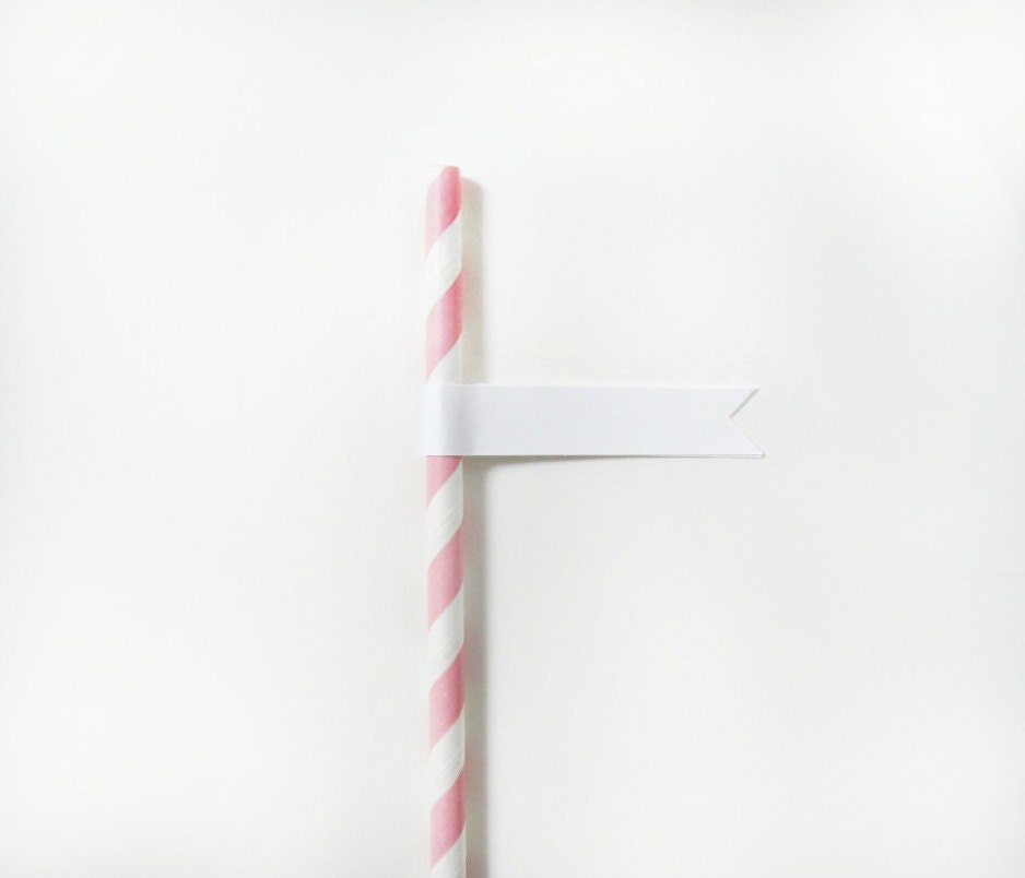 Pale Pink Striped Paper Straws with Printable paper flags.