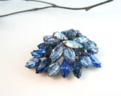 Regency Sapphire Blue Navette Rhinestone Pin Brooch Carnival Glass Leaves Aurora Borealis 1950s
