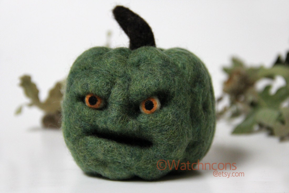 Jack O Lantern Needle Felted Wool Pumpkin Face Grouchy Green Oscar Gourd Acorn Squash Halloween Thanksgiving OOAK