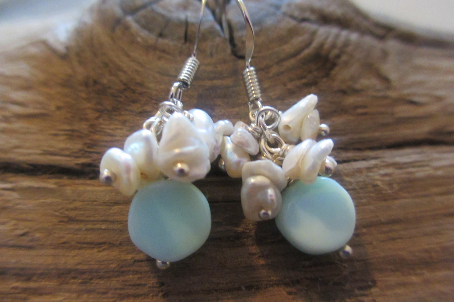 Blue Peruvian Opal with Keishi Freshwater Pearl Cluster Dangles