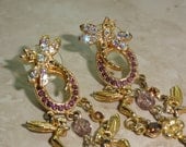 EARRINGS - Vintage Aurora Borealis Dragonfly Spring Summer Purple Rhinestone Fairy Bee Dangle Drop Pierced Jewelry Earrings - Free Shipping