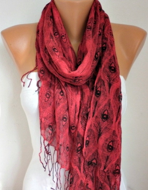 Peacock Scarf  Shawl Scarf -  Cowl Scarf  Red - fatwoman