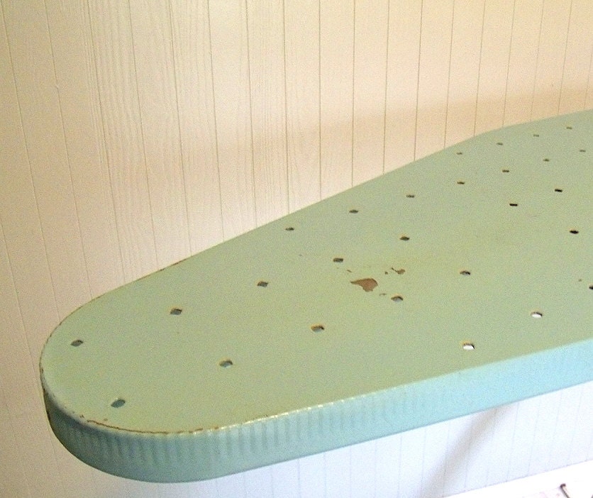 Retro Turquoise Blue Enamel & Chrome Metal Folding Table - Vintage Mid Century Ironing Board - Repurpose