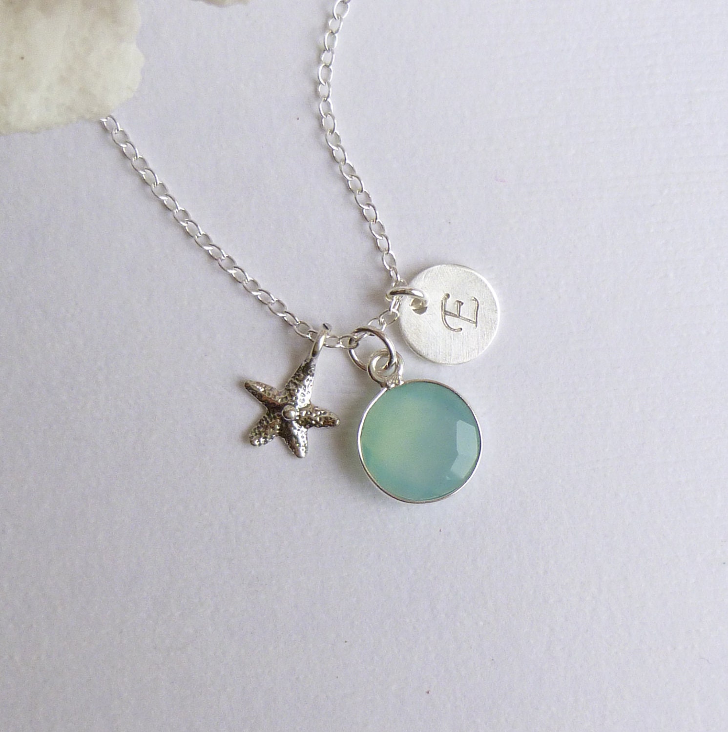 Sterling Silver Framed Sea Green Chalcedony Stone with Sterling Starfish and Custom Initial Necklace -- Bezel Aqua Stone