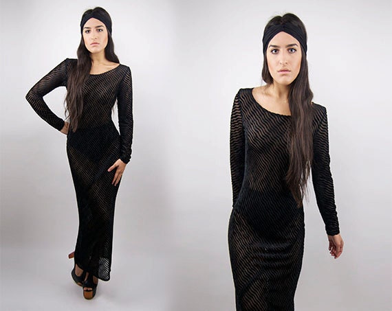 Vintage Black Sheer Zebra Burnout Maxi Dress / Medium