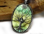 Labradorite necklace tree of life pendant, blue and yellow 925 sterling silver