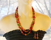 Vintage Jewelry Set, Multi Strand Necklace, Dangle Earrings, Colorful Fall Orange Green Yellow Beads, WESTERN GERMANY, 1960s Mad Men Jewelry