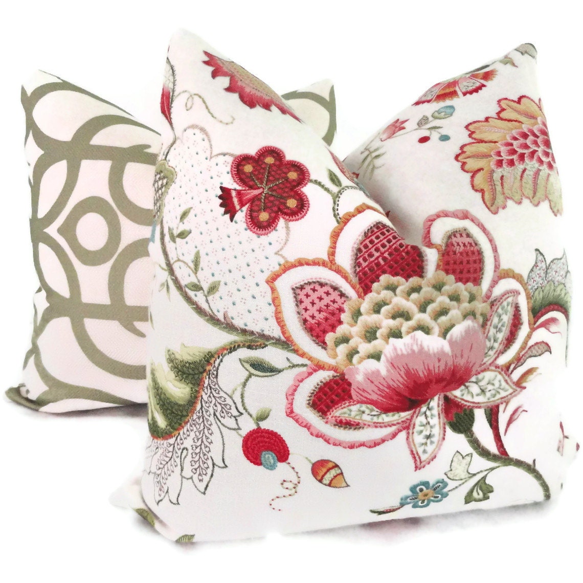 SALE Pink, Red, Green Jacobean Floral Pillow Cover