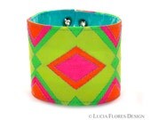 Bohemian Bracelet hand painted cotton cuff Native Aztec Tribal pattern Huichol inspired Multi Neon by LuciaFloresDesign