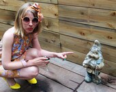 60s ocre pink blue psychedelic cowl neck shift dress S/M