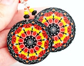Folk Earrings Boho Rosette Mandala Round decoupage, fall fashion ,  gift for her under 25 (A8)