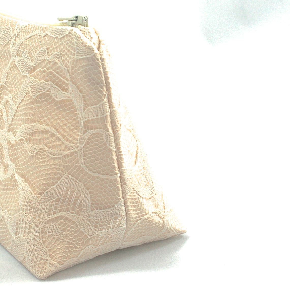 Lace Bridesmaid Gift Champagne & Ivory Wedding Cosmetic Bag - Wedding Favor, Bridal Accessory, Vintage Wedding, Bridal Clutch