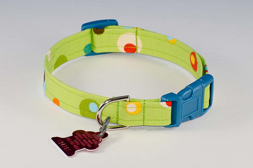 Bright Green and Blue Circles - Dog Collar - Adjustable