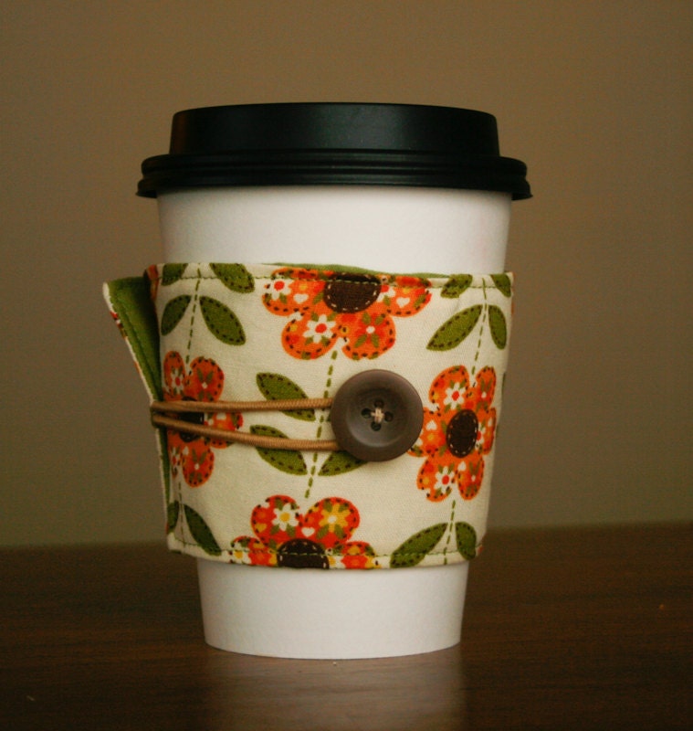 reusable coffee cozy sleeve- rust floral