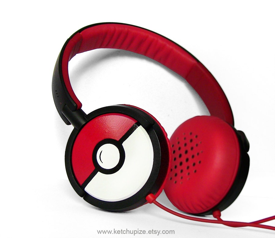 NEW Poke-phones Headphones earphones white red hand painted
