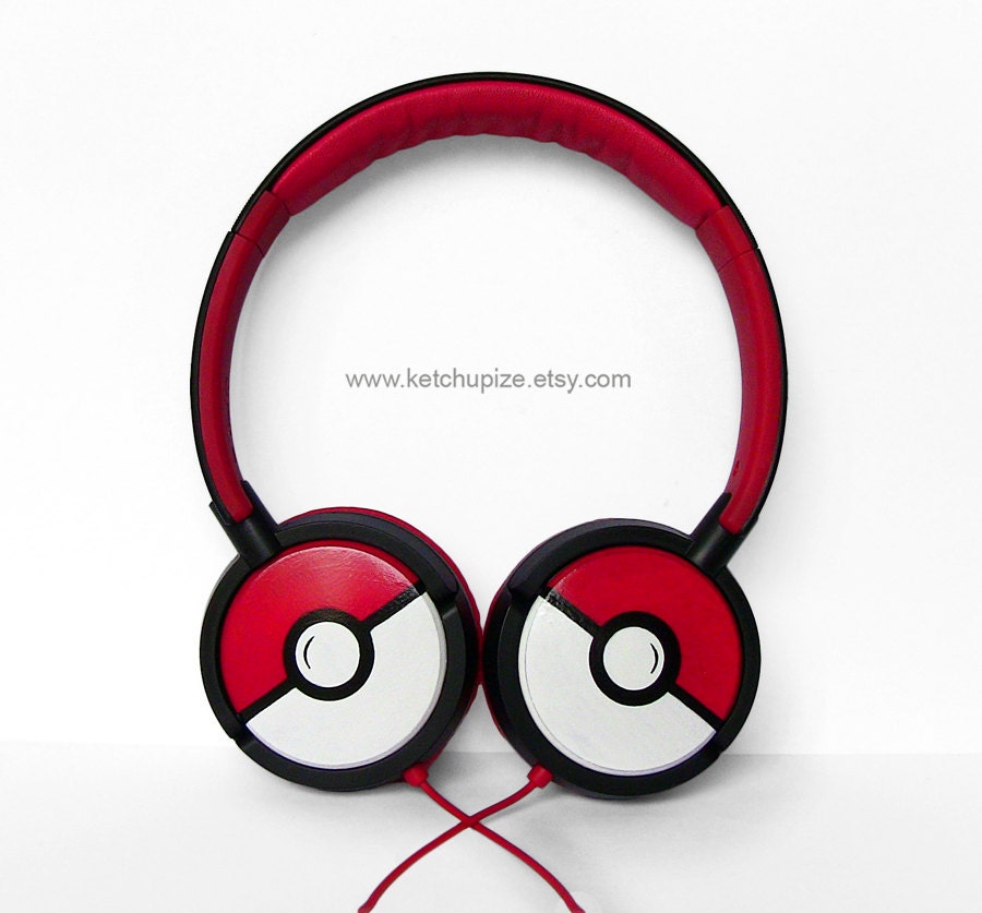 NEW Poke-phones Headphones earphones white red hand painted