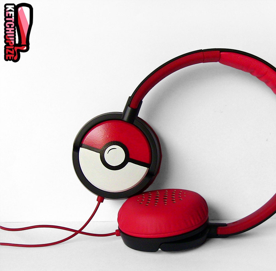 NEW Poke-phones Headphones earphones white red hand painted