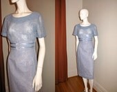 Vintage 1950s 1960s Blue Lace Cocktail Party Dress with Double Kitten Bow and Rhinestone Belt Detail