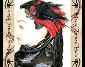 ROCKABILLY goth GRIZZLY FEATHER skull fascinator Tribal Fusion belly dance barrette fantasy Dark Wedding head piece Anime Starlight