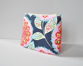 Cosmetics make up bag : Amy Butler modern floral in navy, pink and red .
