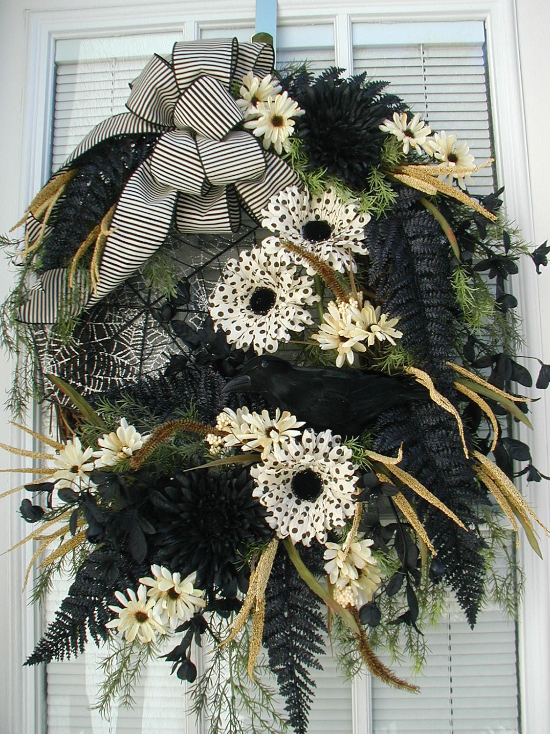 Halloween Fall Autumn Black Creamy White Floral Decoration Arrangement Crow Spider Web Door Wreath
