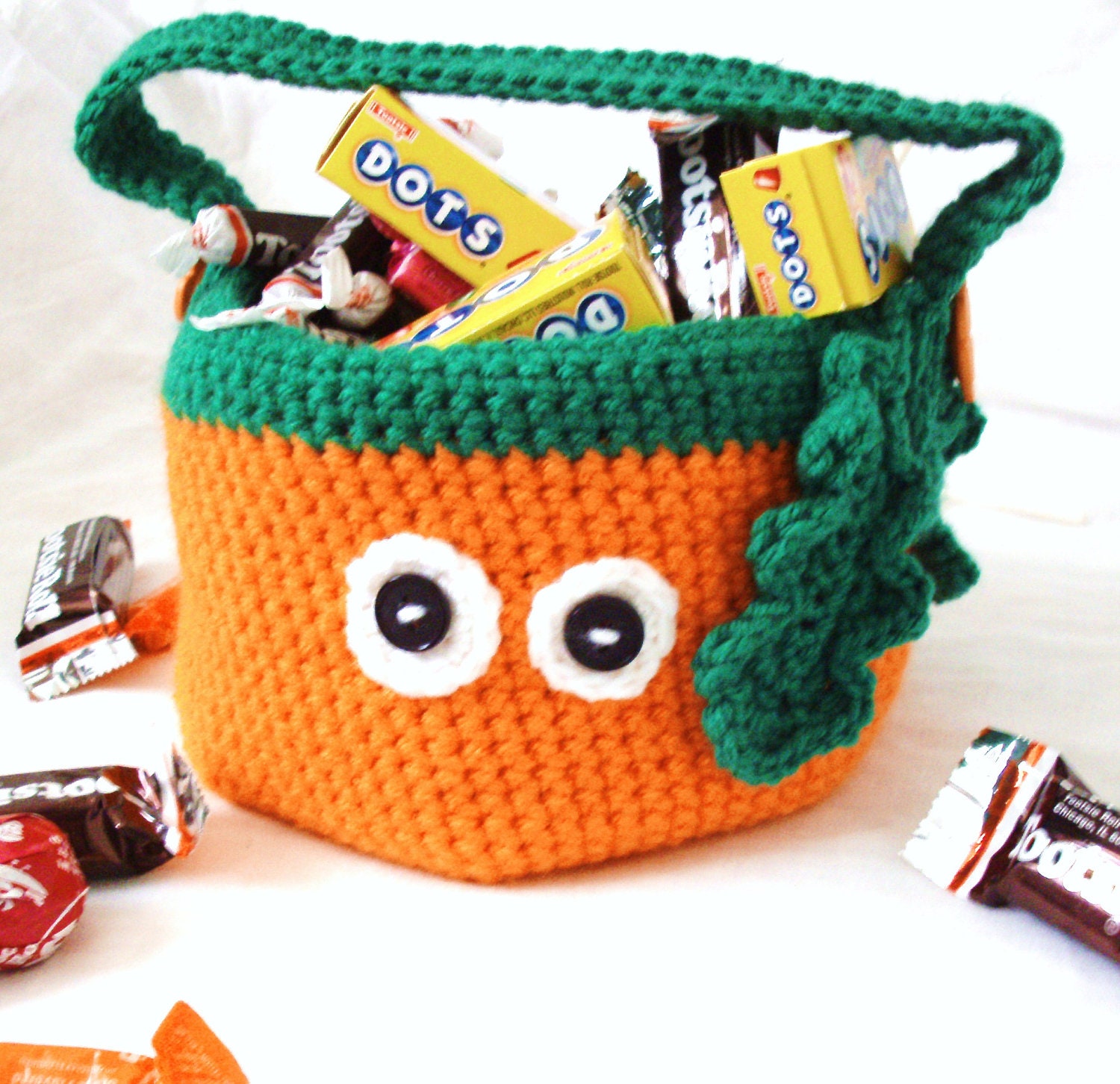 Crochet Pumpkin Bag - Orange and Green Halloween Trick or Treat Basket
