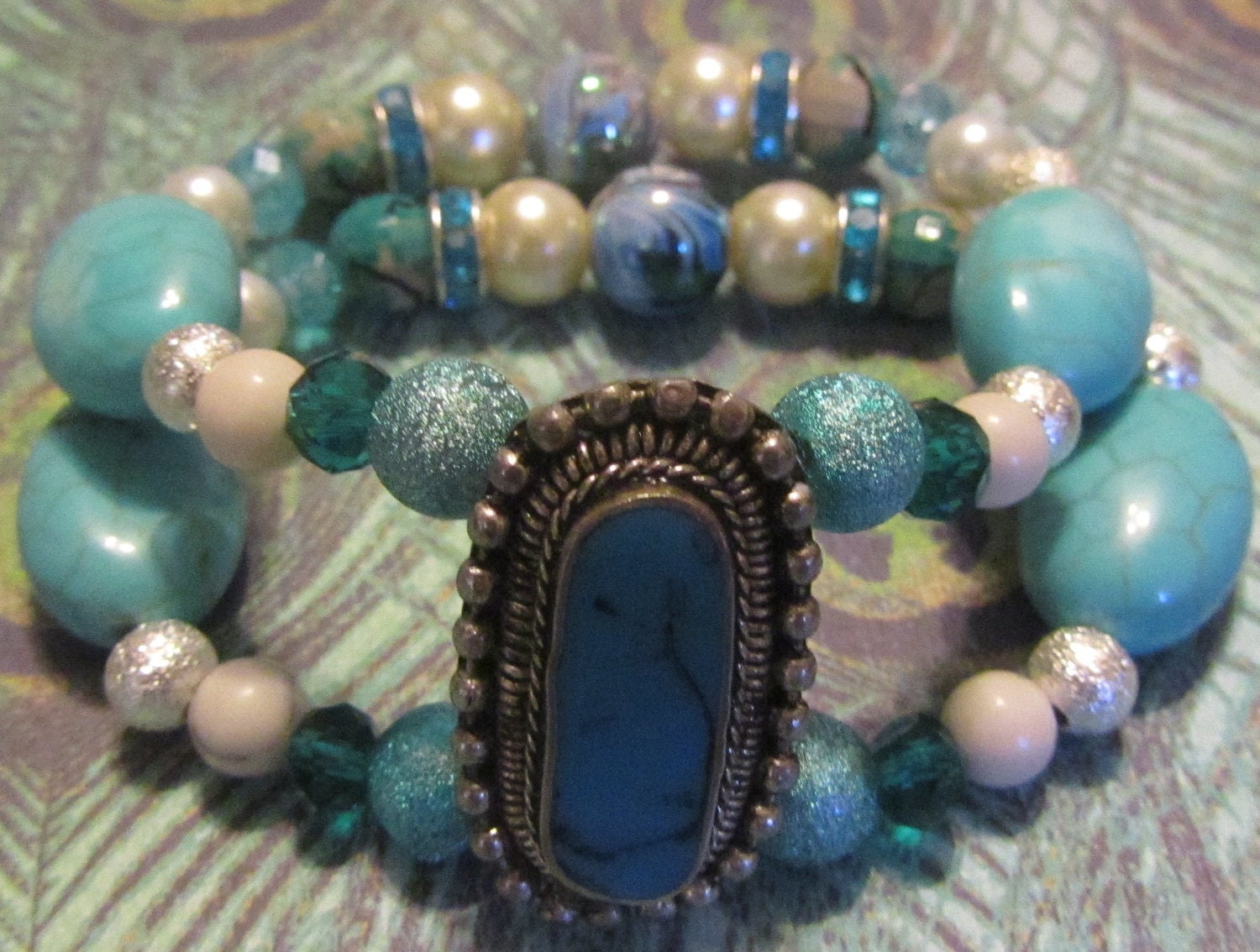 Navajo Style Inspired Stretchy Double Stranded Bracelet Turquoise Pearls Halloween Pocahontas