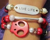 Howlite Red Skull Heart Beaded Stacked Bracelets Set Stretchy Halloween