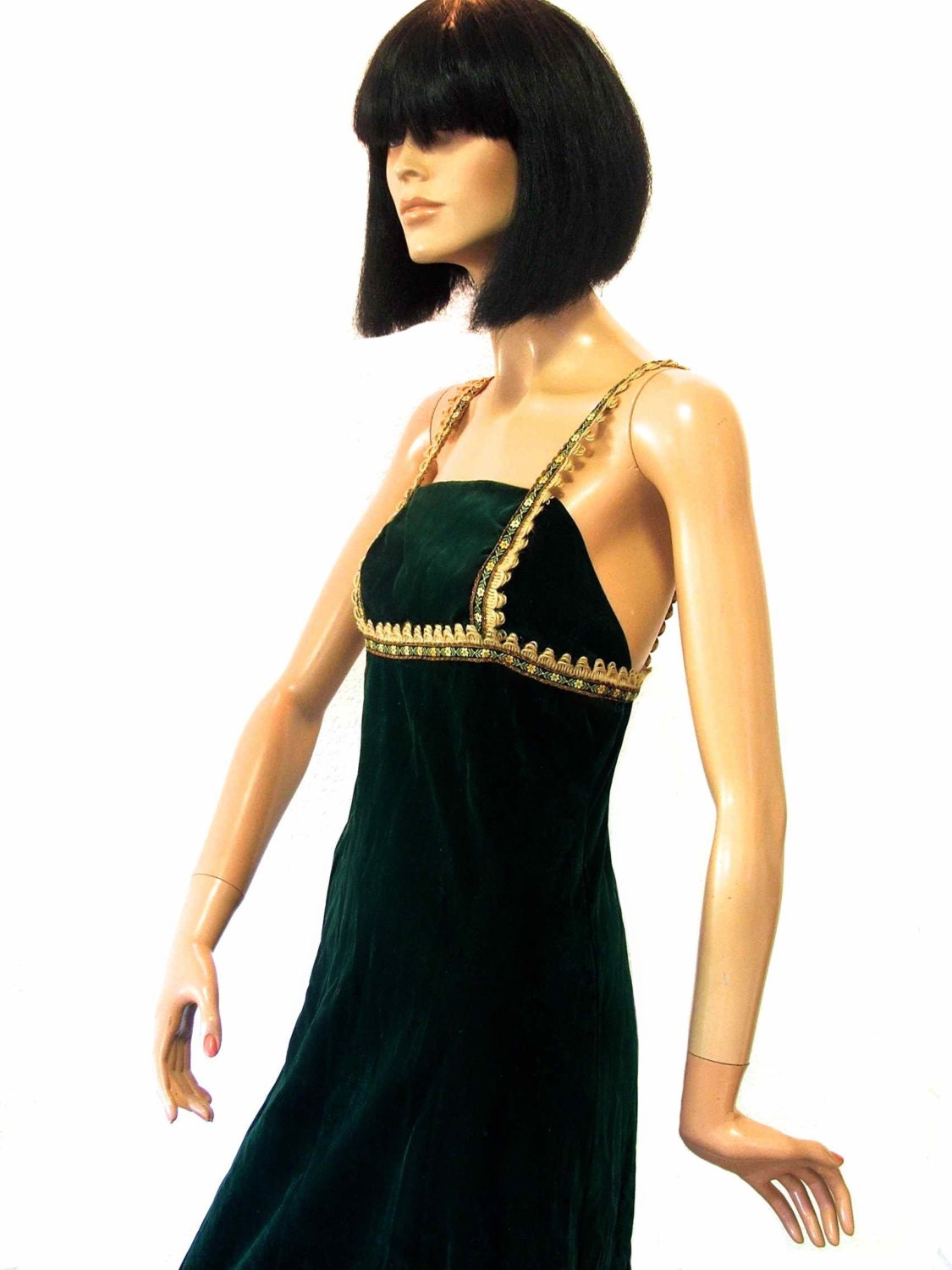 Iconic GUNNE SAX Black Label maxi dress c.1969 // forest green velvet // Empire line fit // embroidered ribbon and jute braid