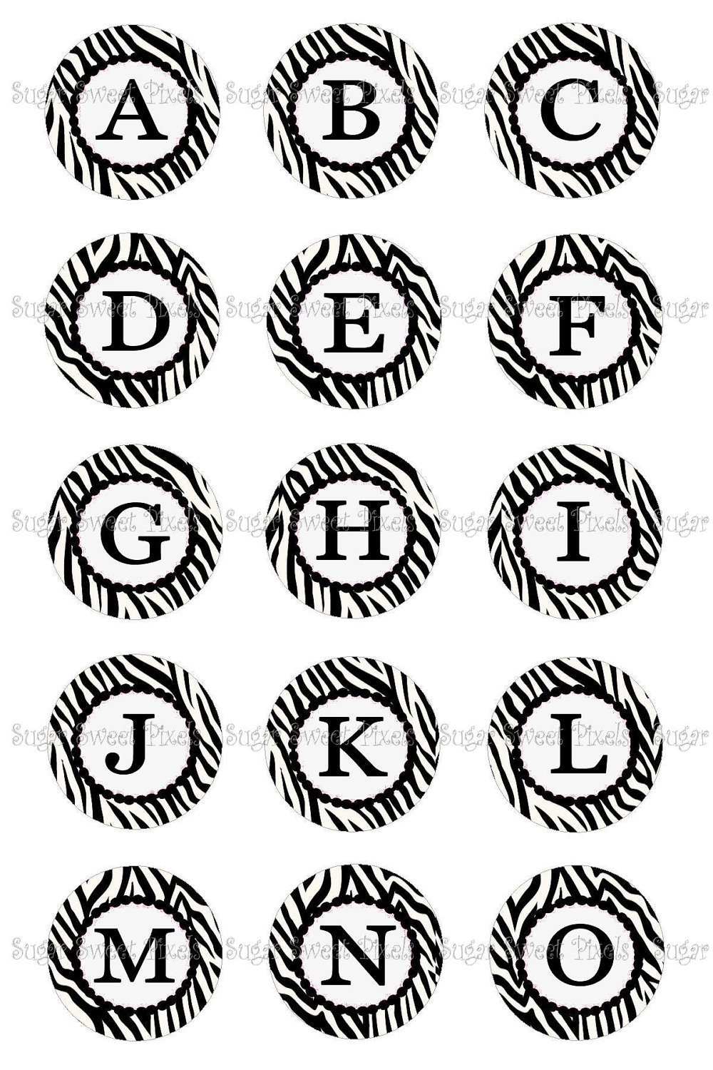 INSTANT DOWNLOAD White Black Zebra Print Alphabet  1 inch circle Bottlecap Images 4x6 sheet