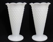 Set of Two Large Vintage Hobnail Fluted Milk Glass Vases - Wedding Decor Centerpiece or Home Decor