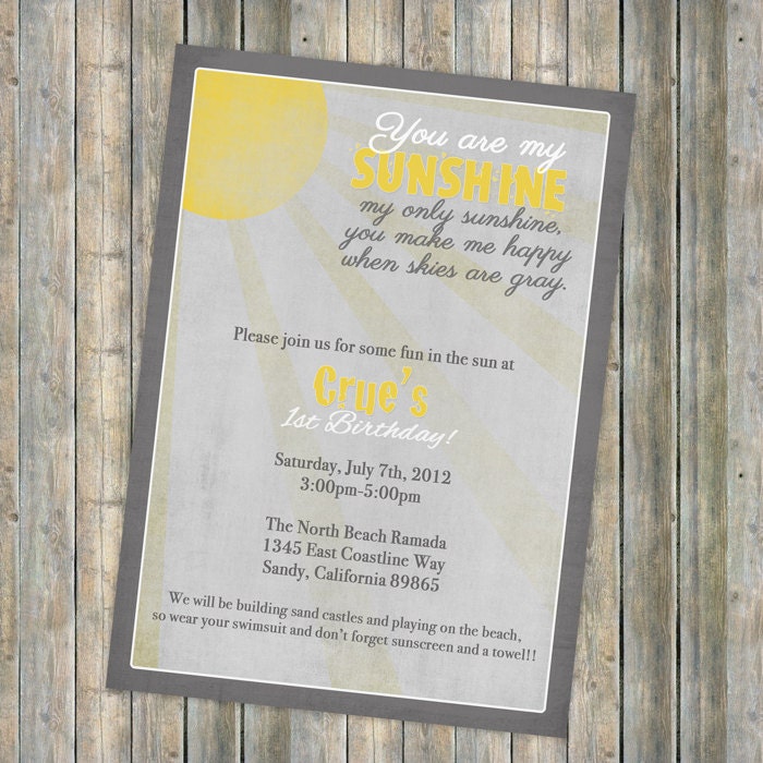 My Sunshine birthday invitation, Vintage Sun with gray skies , gender neutral, printable, digital file