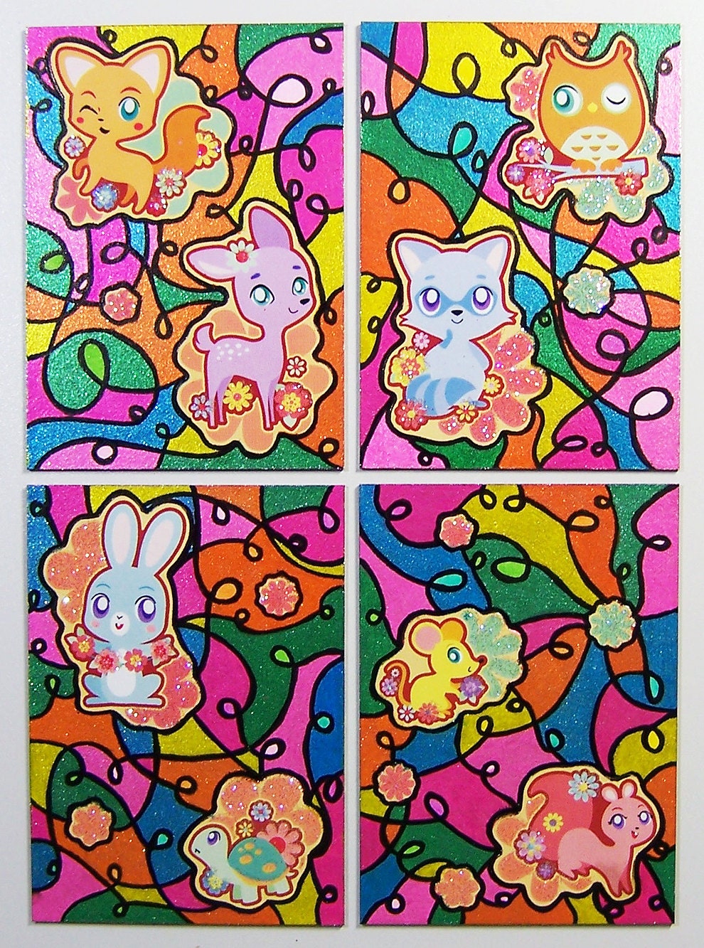 ACEO - Glitter Forest Animals Card Set - Stickers & Original Abstract Glitter Neon Kawaii Design Small Art