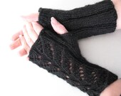 Knit Fingerless Gloves Arm Warmers Black mittens, Soft Acrylic Mohair