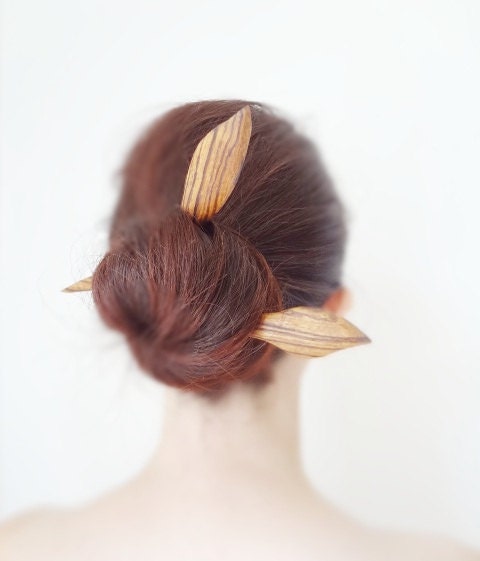 zebra wood abstract modern flower wood double hair stick