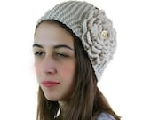 Creme Knit Headband with Flower and Golden Button - Ear Warmer - Neck Warmer  - Fall Winter Fashion - Gift For Her - Women Teens Accessorie