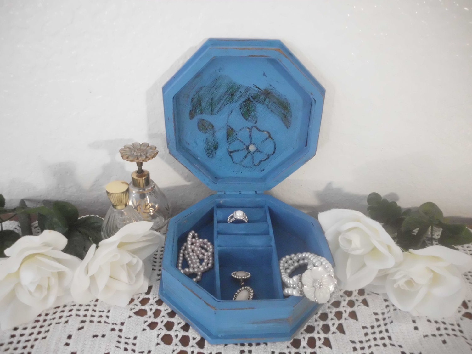 Blue Jewelry Box Rustic Shabby Chic Beach Cottage French Country Farmhouse Southern Home Decor Bedroom Christmas Birthday Gift For Her