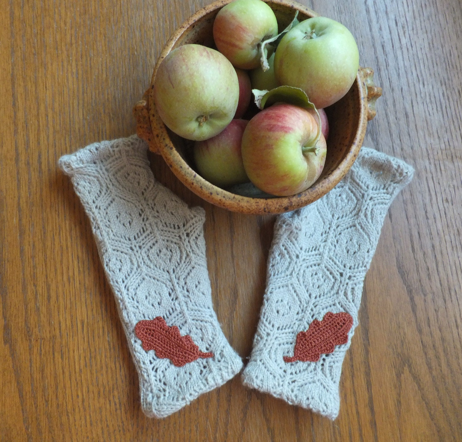 Fingerless Knit Gloves in  Lacy Ecru  - Fall Oak Leaves , Country Girl, OOAK, Arm Warmers, Prairie Girl Chic, Boho