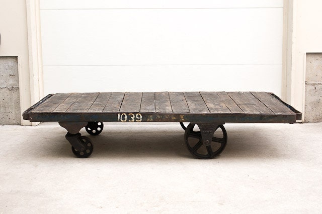 RESERVED Antique Industrial Nutting Factory Cart Coffee Table - Oiled Top Six Foot Length
