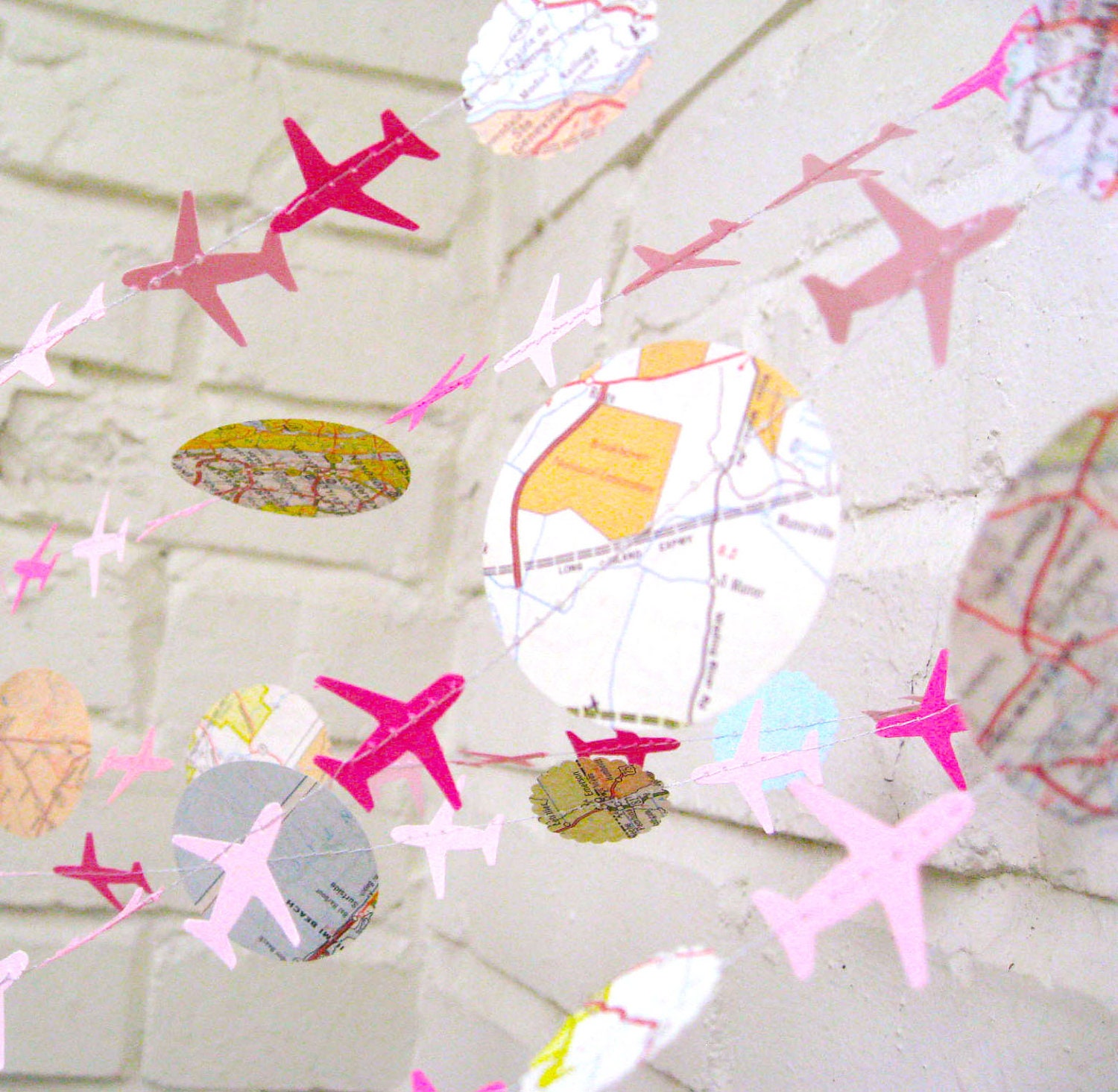 The Bon Voyage Air Plane Garland, Paper Garland, Pink, Maps, Ombre Pink, Multi colored, Maps