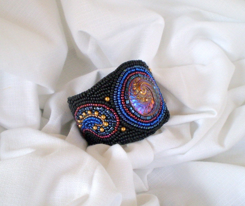 Bead Embroidery Bracelet Black Blue Gold Vibrant colors Seed bead bracelet