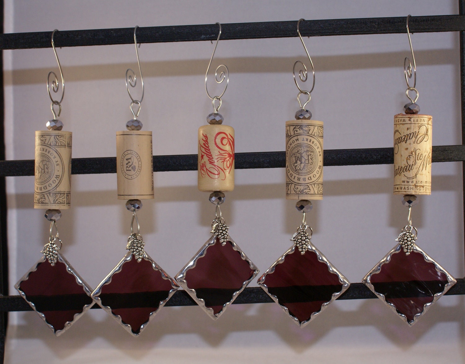 Wine Cork Ornament Set with Grape Waterglass and Tibetan Silver Charm for your Christmas Tree or Holiday Package Embellishment - Set of 5