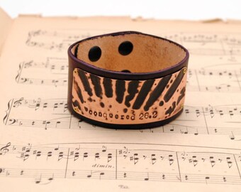 Conquered 26.2 Sunrise Leather Bracelet Embossed Copper Purple Leather
