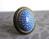 Blue Ring Tile Spanish Exotic Mexican Chintz Aztec Statement Ring Vintage Antique Brass Bronze Navy Blue Summer Carved Porcelain Ring