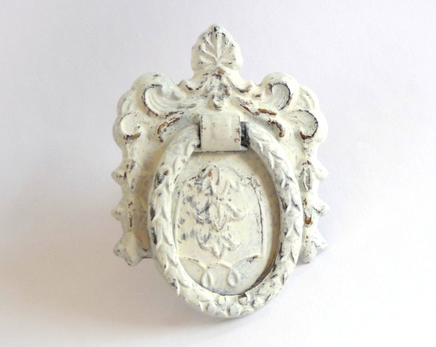 Set of 3 Vintage Victorian Pressed Brass Distressed Off-White Drawer Pull Handles